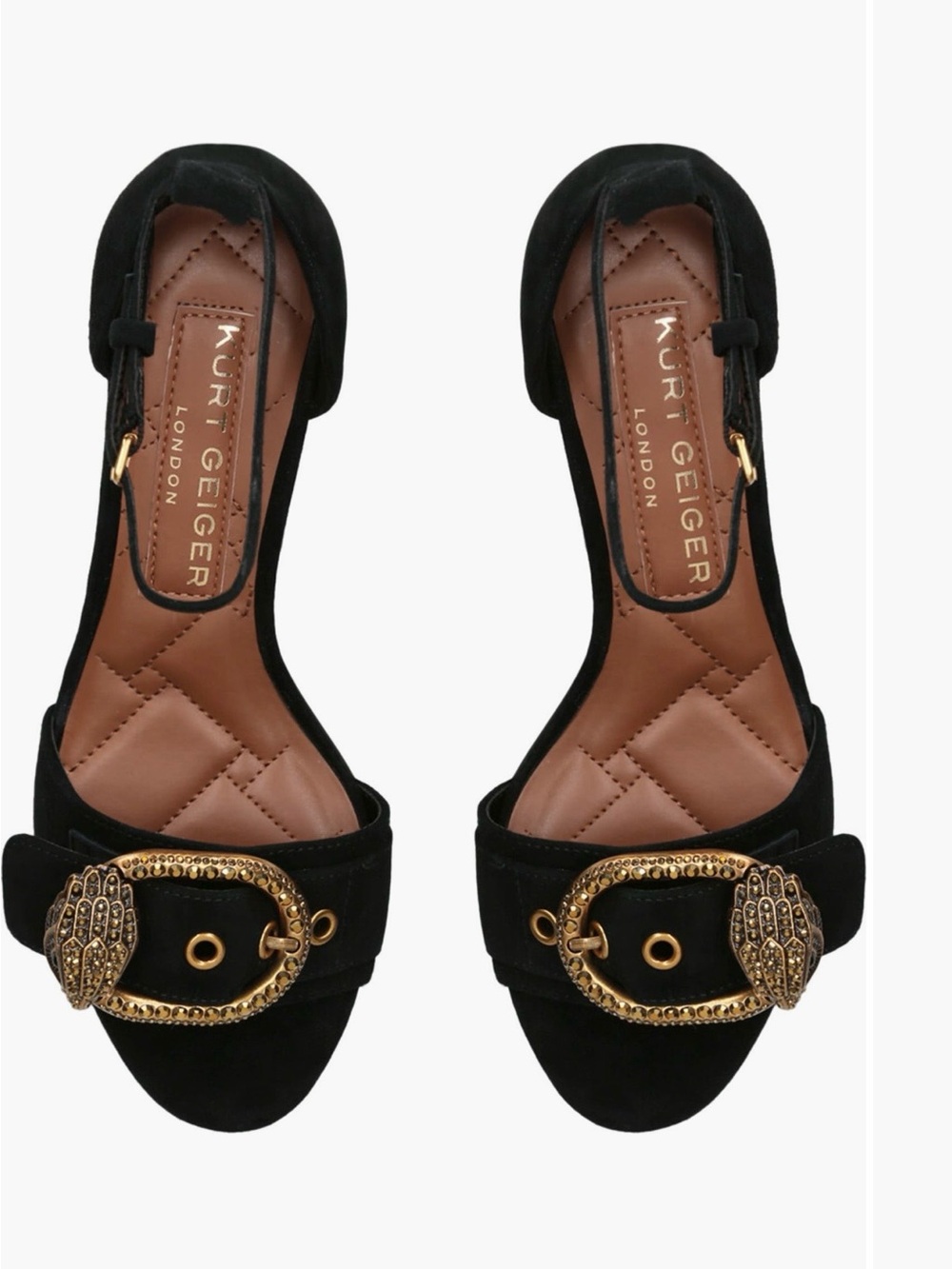 Kurt Geiger Black Suede Gold-Buckle Open-Toe Heels